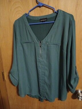 Teal V-Neck Zip Front Blouse
